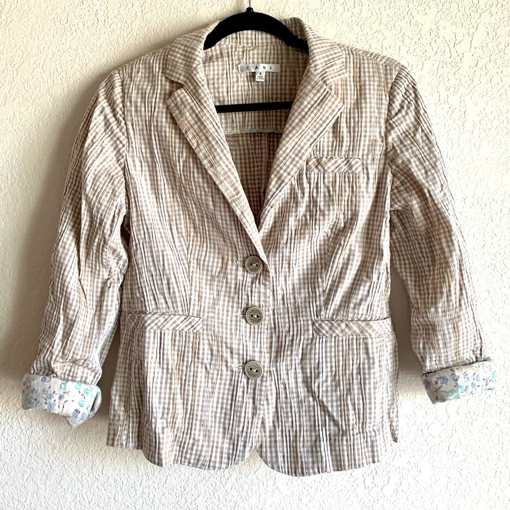 CAbi Beige and White Seersucker Blazer